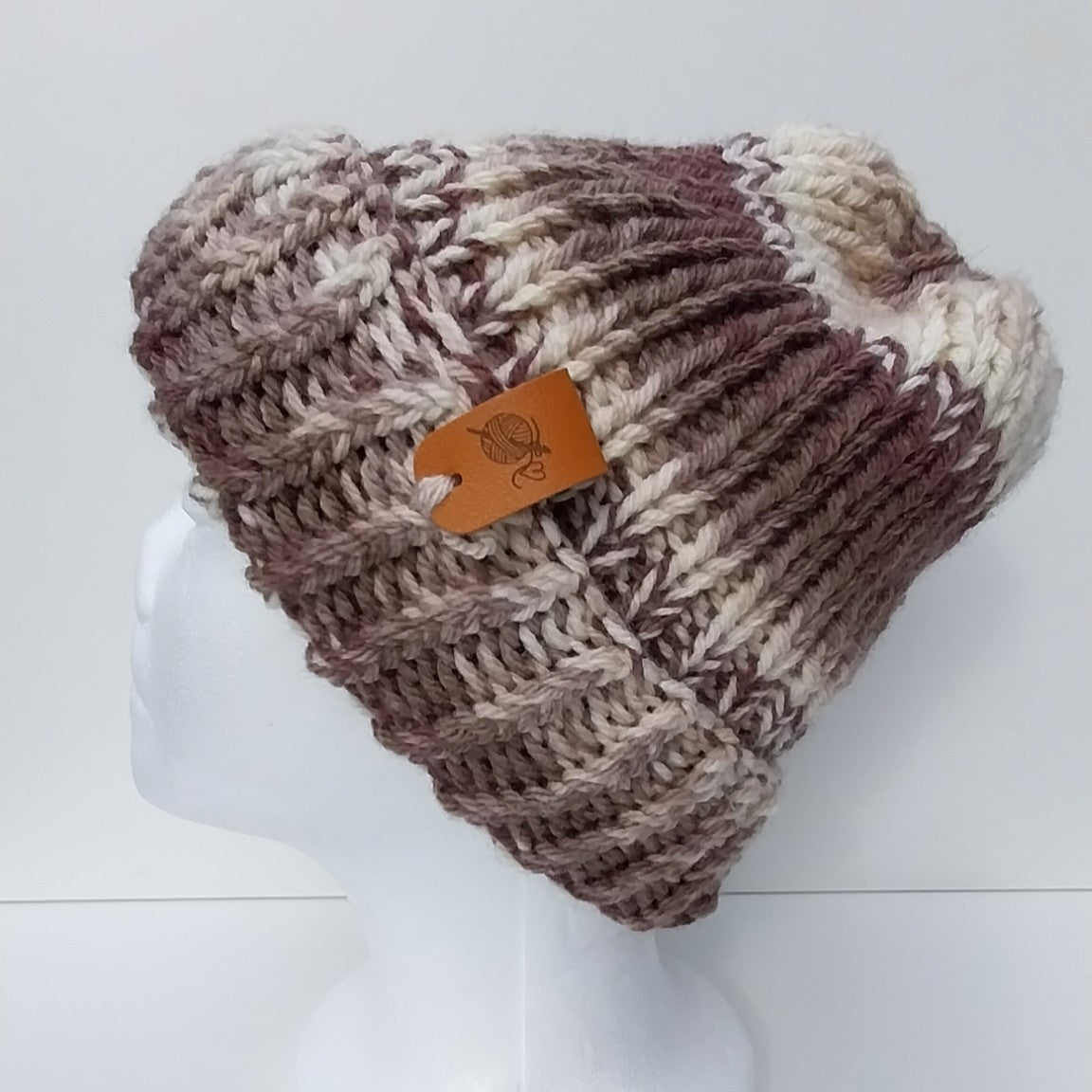 Hand Knitted Chocolate Brown & Cream Beanie