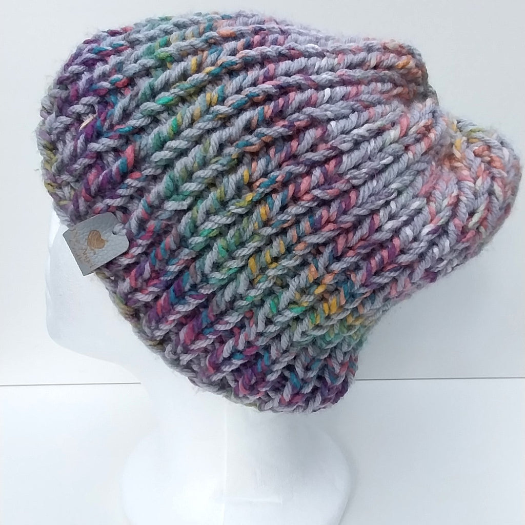 Hand-Knitted Jewel Tone & Grey Chunky Knit Beanie Short